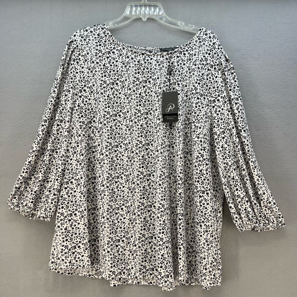 Adrianna Papell Top Women's 3X Black White Floral Print Tunic Flowy Long Sleeve
